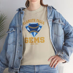 Klamath Falls Gems Heavyweight T-Shirt in sand with the Klamath Falls Gems logo, a blue diamond gem with baseball stitching on the front, worn by model
