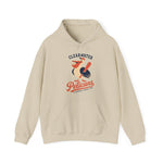 Clearwater Pelicans Hoodie in sand with the laughing pelican in a red cap swinging a bat with a ball in its beak on the front