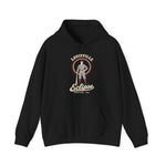 Louisville Eclipse Hoodie in black with the Louisville Eclipse logo, an 1880s ballplayer leaning on a bat in front of a red sunburst on the front