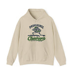 Providence Clamdiggers Hoodie in sand with the Providence Clamdiggers logo, a quahog clam character in a green cap raking a Narragansett Bay mudflat, with Clamdiggers in green script on the front