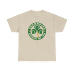 Roseburg Shamrocks Heavyweight T-Shirt in sand with the Roseburg Shamrocks logo, a shamrock of baseballs with a bat stem in a green ring on the front