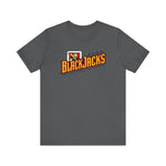 Reno BlackJacks Premium Lightweight T-Shirt in asphalt with the Reno BlackJacks logo, a Jack of Spades holding a bat above slanted BlackJacks lettering on the front