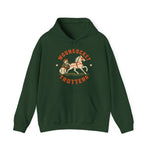 Woonsocket Trotters Hoodie in forest green with the Woonsocket Trotters logo, a harness racing driver in a baseball cap behind a trotting horse, the sulky wheel drawn as a baseball on the front