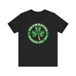 Roseburg Shamrocks Premium Lightweight T-Shirt in black with the Roseburg Shamrocks logo, a shamrock of baseballs with a bat stem in a green ring on the front