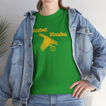Bend Timber Hawks Heavyweight T-Shirt in irish green with the Bend Timber Hawks logo, a diving gold hawk clutching a baseball on the front, worn by model