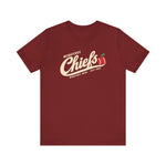 Wenatchee Chiefs Premium Lightweight T-Shirt in cardinal with the Wenatchee Chiefs logo, script lettering with an apple stitched like a baseball on the front