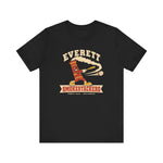 Everett Smokestackers Premium Lightweight T-Shirt in black with the Everett Smokestackers logo, a cartoon smokestack swinging a bat with a trail of smoke on the front