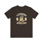 Leesburg Anglers Premium Lightweight T-Shirt in brown with the bearded angler portrait in a blue cap between pennant banners on the front