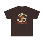 Artesia Numexers Heavyweight T-Shirt in dark chocolate with the Artesia Numexers logo, a roadrunner in a red A cap between Longhorn League and 1954 Champions banners, with Numexers in red block letters on the front