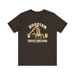 Hoquiam Perfect Gentlemen Premium Lightweight T-Shirt in brown with the Hoquiam Perfect Gentlemen logo, a mustached gentleman in a straw boater tipping his hat between two pennants on the front
