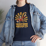Medford Nuggets Heavyweight T-Shirt in navy with the Medford Nuggets logo, a gold prospector catching a baseball in his pan on the front, worn by model