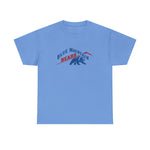 Blue Mountain Bears Heavyweight T-Shirt in carolina blue with the Blue Mountain Bears logo, a snarling bear below a red mountain peak on the front