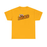 Reno BlackJacks Heavyweight T-Shirt in gold with the Reno BlackJacks logo, a Jack of Spades holding a bat above slanted BlackJacks lettering on the front