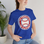 Tri-Cities Triplets Premium Lightweight T-Shirt in true royal with the Tri-Cities Triplets logo, red lettering circling a baseball on the front, worn by model