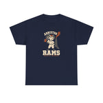 Anniston Rams Heavyweight T-Shirt in navy with the Anniston Rams logo, a cartoon ram ballplayer holding a foundry rammer beside a smoking smokestack on the front