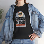 Tombstone Nine Heavyweight T-Shirt in black with the Tombstone Nine logo, a grey headstone topped by a baseball marked 1890, with Base Ball Club and a Territorial Champions banner on the front, worn by model