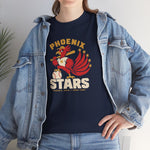Phoenix Stars Heavyweight T-Shirt in navy with the Phoenix Stars logo, a red phoenix bird holding a bat, ringed by stars on the front, worn by model