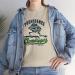 Providence Clamdiggers Heavyweight T-Shirt in sand with the Providence Clamdiggers logo, a quahog clam character in a green cap raking a Narragansett Bay mudflat, with Clamdiggers in green script on the front, worn by model