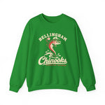 Bellingham Chinooks Crewneck Sweatshirt in irish green with the Bellingham Chinooks logo, a leaping chinook salmon in a ball cap above splashing water and script lettering on the front