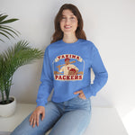 Yakima Packers Crewneck Sweatshirt in carolina blue with the Yakima Packers logo, a ballplayer holding a bat and a crate of apples on the front, worn by model