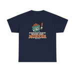 Miami Miners Heavyweight T-Shirt in navy with the Miami Miners logo, a smiling ore cart holding a bat on a mine track on the front