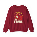 Phoenix Stars Crewneck Sweatshirt in cardinal red with the Phoenix Stars logo, a red phoenix bird holding a bat, ringed by stars on the front