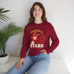 Phoenix Stars Crewneck Sweatshirt in cardinal red with the Phoenix Stars logo, a red phoenix bird holding a bat, ringed by stars on the front, worn by model