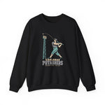 Carlsbad Potashers Crewneck Sweatshirt in black with the Carlsbad Potashers logo, a miner in a hard hat and headlamp finishing his swing as the ball arcs over a ballpark light tower, with Potashers in block letters on the front