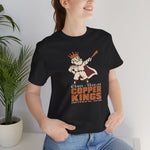 Bisbee-Douglas Copper Kings Premium Lightweight T-Shirt in black with the Bisbee-Douglas Copper Kings logo, a bearded king in a crown and cape swinging a bat on the front, worn by model