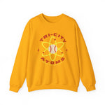Tri-City Atoms Crewneck Sweatshirt in gold with the Tri-City Atoms logo, a baseball at the center of a yellow atom with orbiting electrons on the front