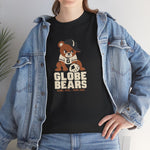Globe Bears Heavyweight T-Shirt in black with the Globe Bears logo, a scowling bear cub in a ball cap and glove on the front, worn by model