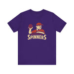 Purple Greenville Spinners baseball t-shirt featuring a retro player graphic, lightweight Bella+Canvas premium tee design.