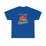 Daytona Beach Islanders Heavyweight T-Shirt in royal with the orange sunset behind a palm island with stitched baseball waves on the front