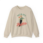 Miami Hustlers Crewneck Sweatshirt in sand with the mustached man in a striped vest holding playing cards and a bat on the front