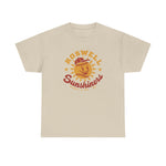 Roswell Sunshiners Heavyweight T-Shirt in sand with the Roswell Sunshiners logo, a smiling baseball sun in a red cap, with Sunshiners in red script on the front
