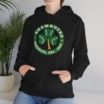 Roseburg Shamrocks Hoodie in black with the Roseburg Shamrocks logo, a shamrock of baseballs with a bat stem in a green ring on the front, worn by model