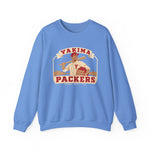 Yakima Packers Crewneck Sweatshirt in carolina blue with the Yakima Packers logo, a ballplayer holding a bat and a crate of apples on the front
