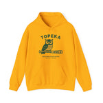 Yellow Topeka Owls hoodie with vintage baseball team logo and front pouch pocket, cotton blend fabric