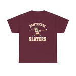 Pawtucket Slaters Heavyweight T-Shirt in maroon with the Pawtucket Slaters logo, a cotton mill bobbin character in a ball cap swinging a bat, with a loose thread trailing behind on the front