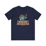 Miami Miners Premium Lightweight T-Shirt in navy with the Miami Miners logo, a smiling ore cart holding a bat on a mine track on the front