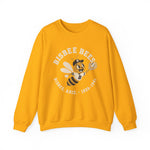 Bisbee Bees Crewneck Sweatshirt in gold with the Bisbee Bees logo, a cartoon bee in a ball cap catching a baseball on the front