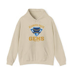 Klamath Falls Gems Hoodie in sand with the Klamath Falls Gems logo, a blue diamond gem with baseball stitching on the front