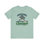 Providence Clamdiggers Premium Lightweight T-Shirt in dusty blue with the Providence Clamdiggers logo, a quahog clam character in a green cap raking a Narragansett Bay mudflat, with Clamdiggers in green script on the front