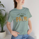 Fort Myers Palms Premium Lightweight T-Shirt in heather prism dusty blue with the palm tree between bold gold block letters with a baseball on the front, worn by model