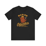 Marion Oilworkers Premium Lightweight T-Shirt in black with the angry orange oil can character holding a wrench on the front