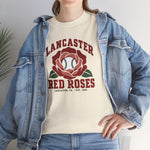 Lancaster Red Roses Heavyweight T-Shirt in natural with the Lancaster Red Roses logo, a red rose with a baseball at its center on the front, worn by model