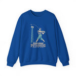 Carlsbad Potashers Crewneck Sweatshirt in royal with the Carlsbad Potashers logo, a miner in a hard hat and headlamp finishing his swing as the ball arcs over a ballpark light tower, with Potashers in block letters on the front