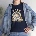 York White Roses Heavyweight T-Shirt in navy with the York White Roses logo, a cream and blue rose with a baseball at its center on the front, worn by model