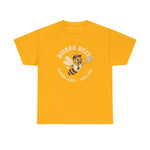 Bisbee Bees Heavyweight T-Shirt in gold with the Bisbee Bees logo, a cartoon bee in a ball cap catching a baseball on the front