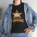 Phoenix Senators Heavyweight T-Shirt in black with the Phoenix Senators logo, a baseball as the capitol dome in front of a gold star on the front, worn by model